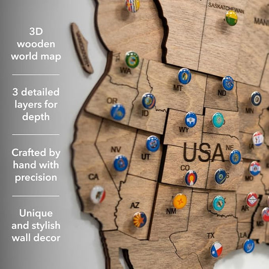 Enjoy The Wood 3D Wooden World Map Wall Art - Large Travel Map with Pins for Art Decor - Decorative Map of the World for Home, Office - Travel Wall Art Housewarming Gift Idea (Terra, XL, Unframed)
