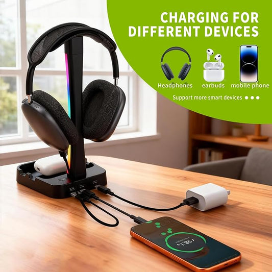 Headphone Stand with Charger,Gaming Headset stand with RGB Light Mode,For Airpod Max Stand,Desk Lamp,Phone Holder,Tablet Holder,desktop organizer,Gifts for Gamers & Music Lover(Black)