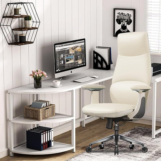 Ergonomic Genuine Leather Office Chair, Executive Chair with Tilt Adjustable High Back and Lumbar Support, 400lbs Weight Capacity Metal Base with 360° Flexible Wheels (White)