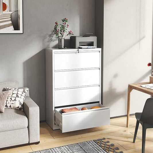 Metal Lateral File Cabinets with Lock,4 Drawer Filing Cabinets for Home Office,Storage Cabinets for Hanging Files Letter/Legal/F4/A4 (White)