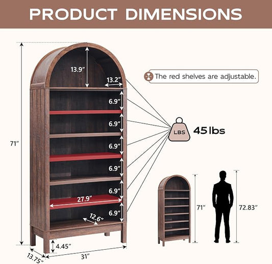 IFGET 71" Tall Arched Bookshelf, 7 Tiers Arch Bookcase with Storage, Modern Farmhouse Book Shelf with Adjustable Shelves, Wood Bookshelf w/Open Display Shelves for Living Room, Office (Brown)