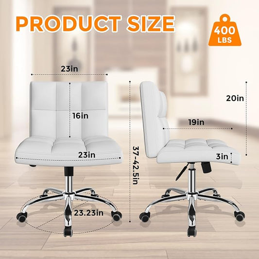 White Office Chair with Wheels - 360° Swivel Armless Back Support,Comfortable Pu Adjustable Rolling Desk Chairs for Office,Home,Vanity,Bedroom,Big Space(Widened White)