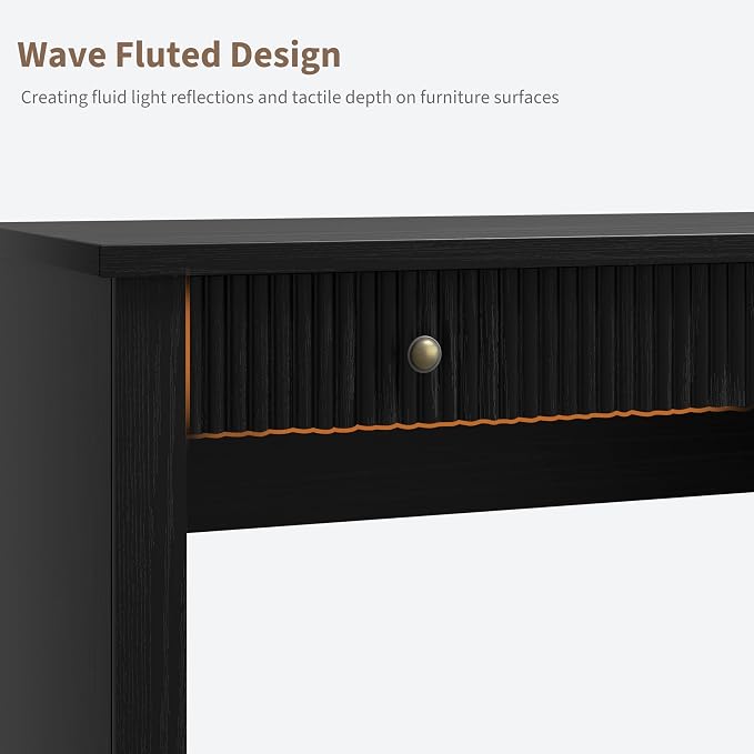 IDEALHOUSE 54" Executive Desk with Fluted Wave Board Design, Home Office Computer Desk with 3 Drawers and Storage Cabinet, Built-in USB Ports & Power Outlets, Modern Writing Table for Bedroom Black