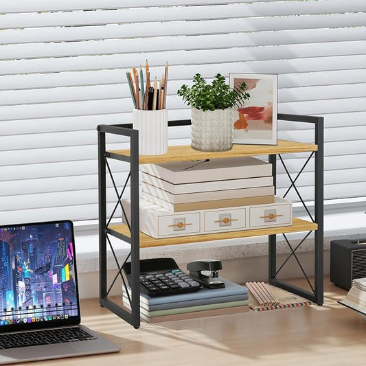 YINMIT Desktop Shelf Organizer, 2 Tier Office Shelves, Wood Desk Organizer Storage Rack and Freestanding Display Shelf for Office, Dormitory, Home (Black Wood)