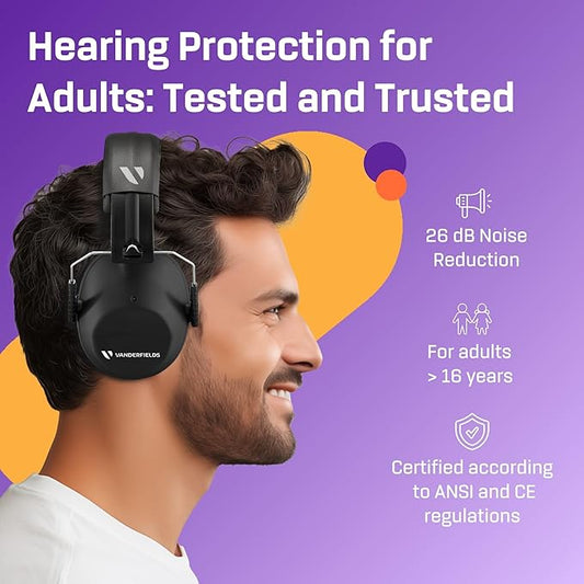 Vanderfields - Hearing Protection Ear Muffs - Over 31 dB (2K Hz) Broad Noise Cancelling Sound Reduction - Adults & Teens