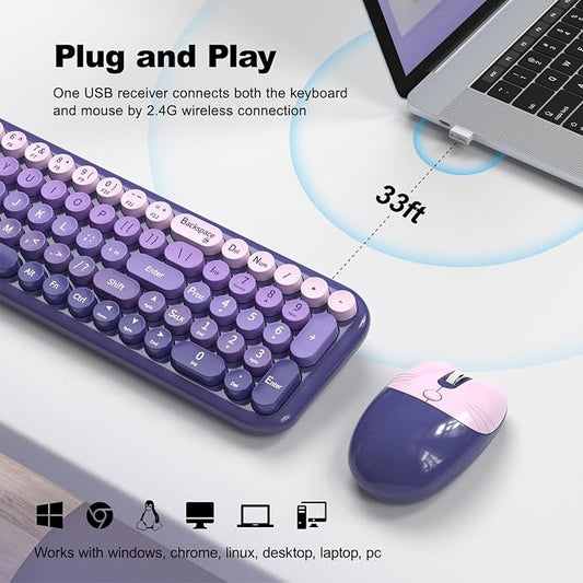 Dilter Wireless Keyboard and Mouse Combo, Portable Retro Keyboard with Compact Size, 2 in 1 USB Connected Mouse for Windows 7/8/10, Laptop, Desktop, PC, Computer (Purple)
