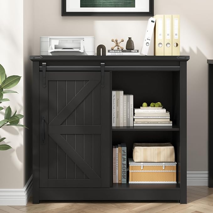 Vabches Lateral File Cabinets with Adjustable Shelf, Farmhouse Filing Cabinet for Home Office, Filing Organization Storage Cabinets with Sliding Barn Door for Hanging Files Letter/A4,Black