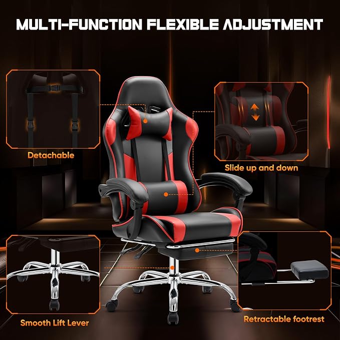 NEWBULIG Computer Gaming Desk Chair - High Back Ergonomic Lumbar Support with Footrest and Headrest, Comfy PU Leather Recliner with Linkage Armrest, Height Adjustable and 360° Swivel, Red