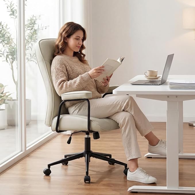 Furniliving Leather Office Chair, Comfy Home Office Desk Chair, Mid Century Modern Office Chair with Lumbar Support, Mid-Back Adjustable Swivel Computer Chair with Wheels and Arms, Light Grey