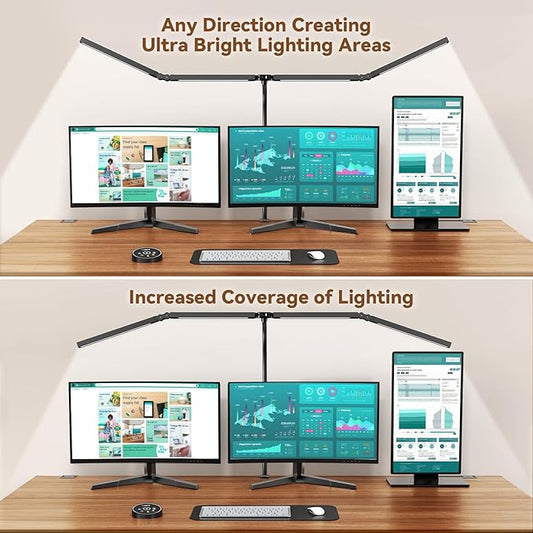 Pzloz Led Desk Lamps for Home Office - Eye Caring Architect Lamp with Clamp, Double Head Computer Monitor Work Desk Light with Remote Control: 24W Flexible Dimmable Desktop Table Lamp