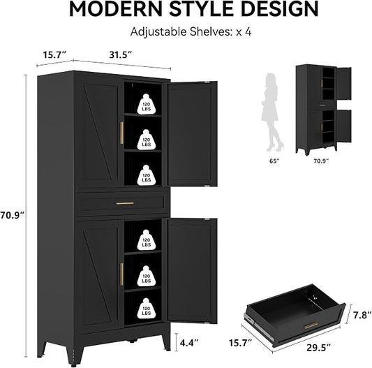 COFaR 71" Modern Pantry Cabinet with Drawer, Black Storage Cabinet with Adjustable Shelves, 3-Section Industrial Cupboard for Kitchen & Office
