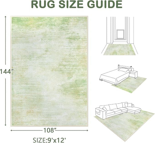 Area Rugs 9x12 Living Room: Washable Rug Modern Abstract Large Rugs Soft Non Slip Neutral Rug Stain Resistant Indoor Carpet for Bedroom Kitchen Dining Room Home Office Rugs(Green,9'x12')