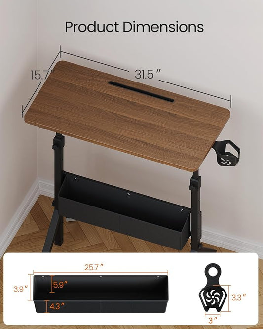 ErGear Mobile Standing Desk with Wheels, Adjustable Height 28.3″ to 46.1″, Rolling Laptop Cart with Cup Holder, Storage Basket, Computer & Pen Slot, Home Office Stand Up Desk, Walnut (31.5″ x 15.75″)