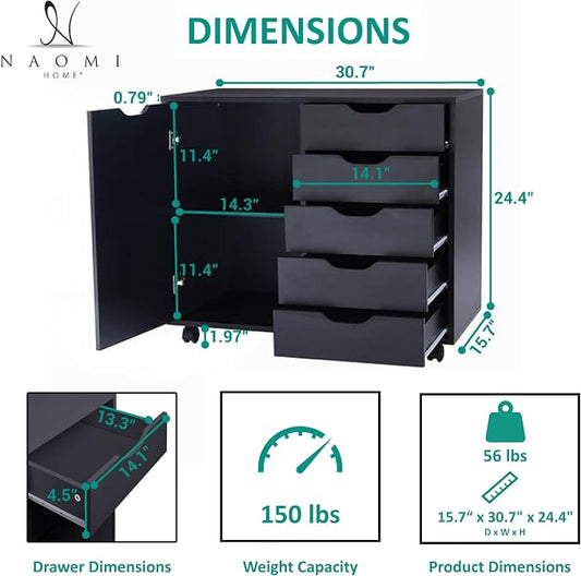 Naomi Home Under Desk Rolling Office File Cabinet with 5 Drawers & Side Storage Cabinet, Mobile Organizer with Shelves & Swivel Casters for Home Office - Black