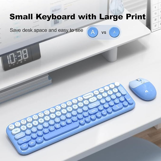 Wireless Keyboard and Mouse Combo, Meidosa 2.4GHz Colorful Full-Size Retro Typewriter Keyboard with Cat Shape 3 Level Adjustable Optical Mouse for PC/Desktop/Laptop/Windows (Blue Gradient)