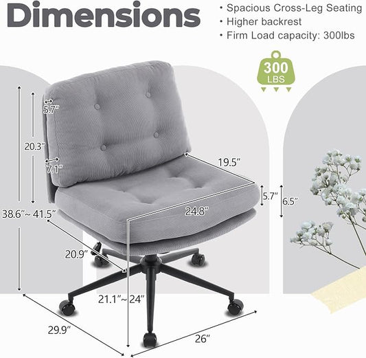VINGLI Criss Cross Cloud Seat,Comfy Corduroy Cross Legged Office Desk Chair with/no Wheels,Cute Vanity Stool, Adjustable Wide Seat,Modern Swivel Perch for Study, Make Up, Home Office,Grey