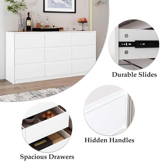 Home Office Cabinet with 9 Storage Units, 63” Lateral File Cabinet with No Handle Drawers, Wide Storage Cabinet, White, 15.7”D x 63”W x 31.5”H