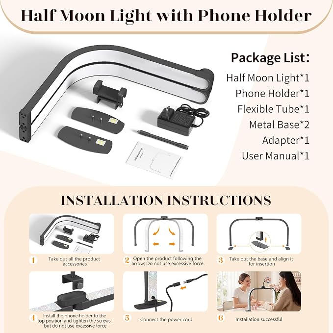 LIONVISON Half Moon Light for Nail Desk: 29" Arch Light for Nail Tech Lamp with Phone Holder - 3 Color Modes & 10 Brightness - 40W Foldable LED Nail Desk Lamp for Manicure, Craft(Crystal Diamond)