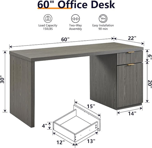 JXQTLINGMU 60" Modern Executive Desk with Storage, Wood Home Office Desk with Drawer & Cabinet, Fluted Computer Writing Desk for Study, Living Room, Bedroom, Grayish Green