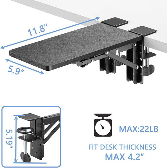 ETHU Desk Extender Tray, 11.8"x 5.9" Ergonomics Computer Arm Wrist Rest for Desk, Foldable Keyboard Drawer Tray Clamp On Mount Easy to Install, Armrest Support for Home and Office (Black)