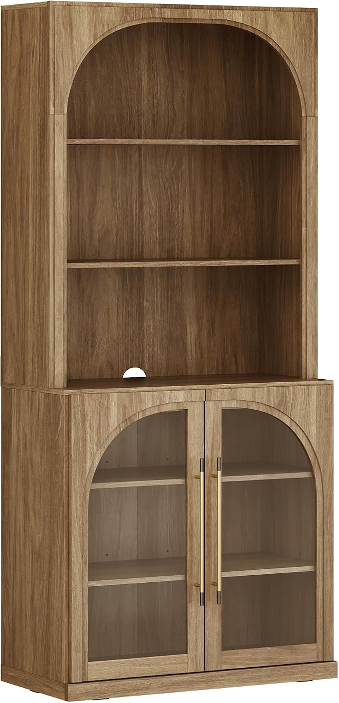 BELLEZE Pantry Storage Cabinet with Hutch, Modular Cabinet with Adjustable Shelves for Organizing, Visible Storage with Glass Door, Wood Highboard for Living Room, Kitchen and Home Office - Camel
