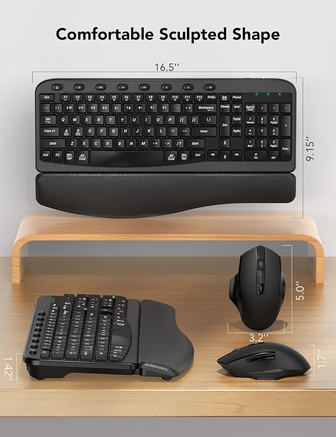 SABLUTE Wireless Keyboard and Mouse Combo – Ergonomic Wave Key, Built-in Leather Soft Palm Rest, 2.4G Full Size, 6-Button Mouse with 4-Level DPI, Dual USB-A/USB-C, MA12 for Windows & macOS Compatible