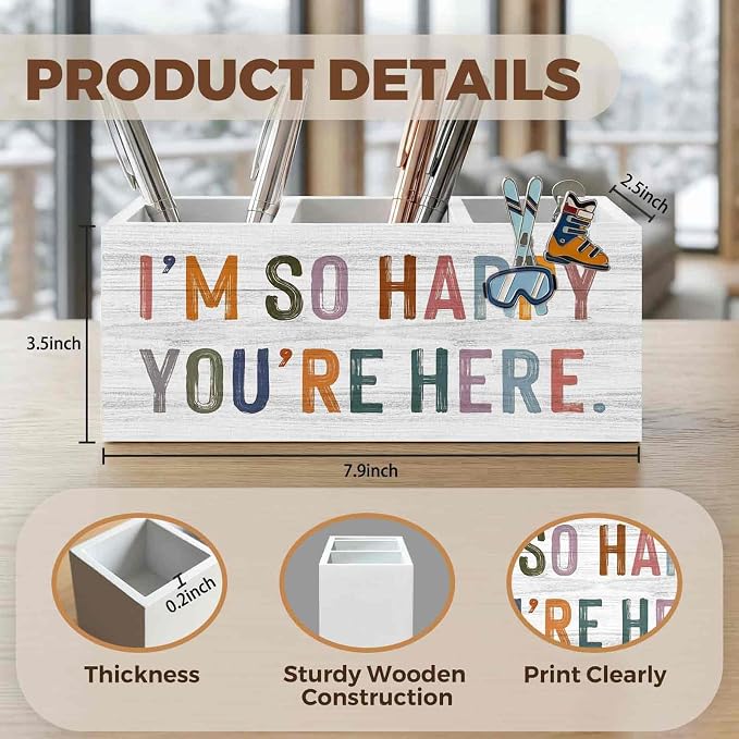 Classroom Pencil Pen Holder for Desk Organizer, I'm So Happy You're Here Wooden Box Decorations for Classroom Kids Room Bedroom Playroom Desk Tabletop Decor
