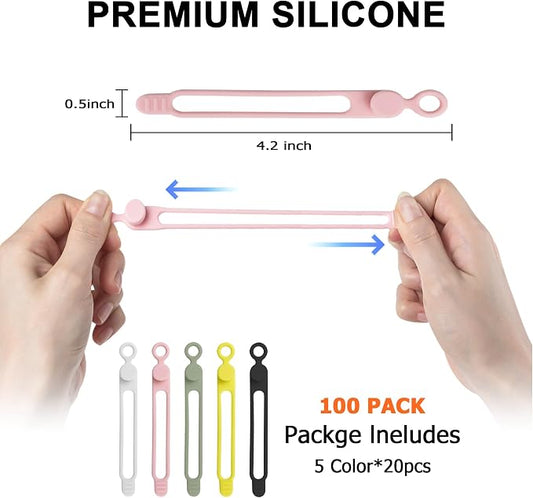 100Pcs Silicone Cable Ties Cord Organizer for Bundling Earphone, Phone Charger, Computer Cords, Reusable Cable Ties Wire Organizer in Home,Office,Kitchen,School (5 Colors)