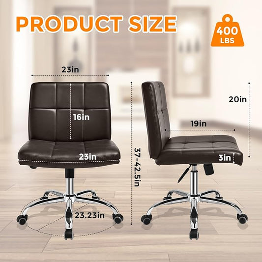 360° Office Desk Chair,PU Adjustable Rolling Task Chair with Backrest for Barber,Office,Home, Computer,360° Swivel,Armless,desk chair without arms,office chair 400+ lb weight capacity(Widened Brown)