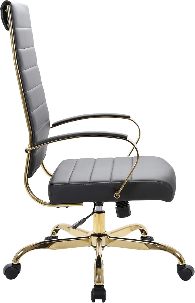 LeisureMod Modern High-Back Leather Office Chair - Swivel & Adjustable Executive Desk Chair with Gold Frame, Ergonomic Design for Home & Office (Black, Pallet (x30))