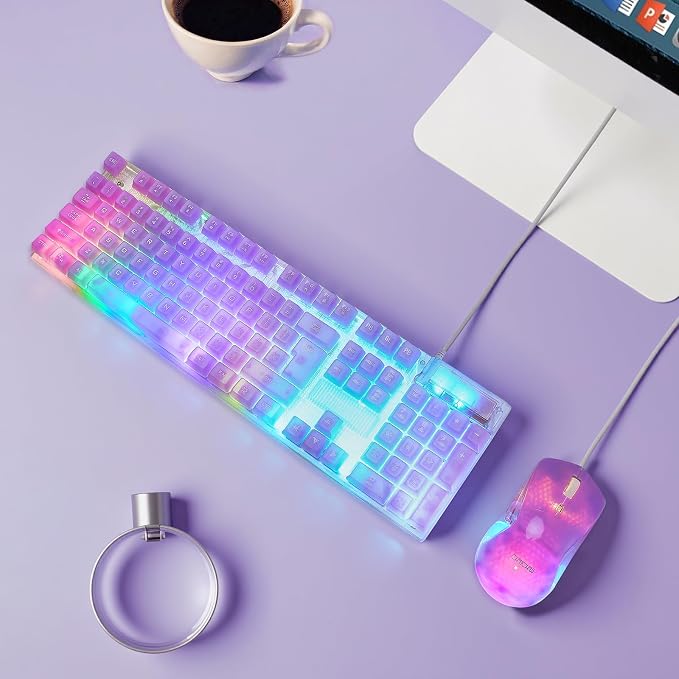 CHONCHOW LED Gaming Keyboad and Mouse Combo, Transparent RGB Rainbow Backlit Keyboard, 104 Keys Anti-ghosting USB Wired Silent Keyboard, 7 Color RGB Gaming Mouse for PC Laptop Xbox PS4 Gamers and Work