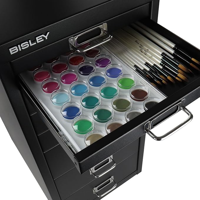 Bisley 8-Drawer Steel MultiDrawer Cabinet - Black | Chrome Pull Handles with Label Holders, Powder-Coated Steel, Removable Drawers, Fits Under Most Desks, Labels Included