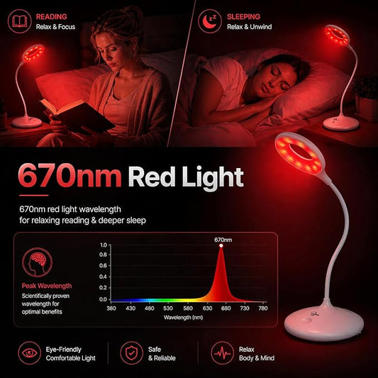 Rechargeable Desk Lamp, 670nm Red Light Therapy & Eye Protection Orange Light, 3 Color Modes, Stepless Dimming Touch Control, No Blue Light, Portable Cordless Reading Lamp for Bedroom Office Students