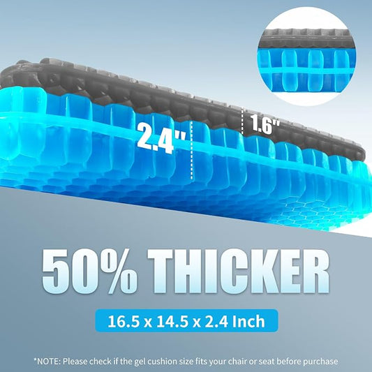 Gel Seat Cushion for Long Sitting - 16.5" x 14.5" x 2.4" (Extra Thick&Soft) Gel Cushion for People Over 185 lbs, Pressure Relief Cushion for Office Chair, Egg Cushions for Wheelchair, Gel Pad for Car