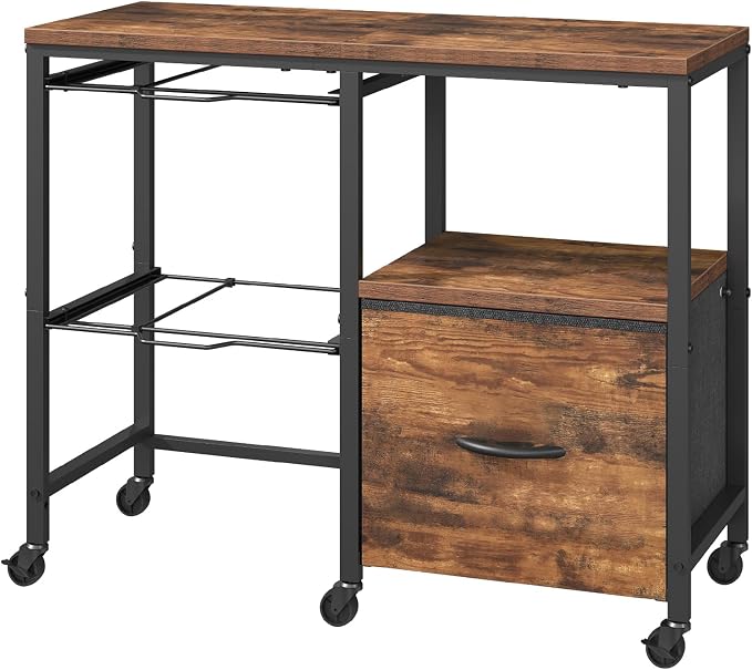 MAHANCRIS Rolling File Cabinet with Printer Stand, Mobile Lateral Filing Cabinet for Home Office, Office Storage Cart with Fabric Drawer & Hanging File Racks, Rustic Brown FCHR6001