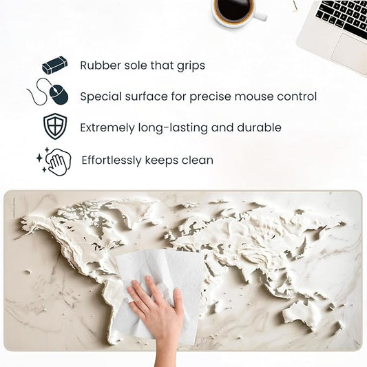 White Marble World Map Desk Pad – Large Mouse Mat for Keyboard and Mouse, Topographic Non-Slip Surface for Desktop