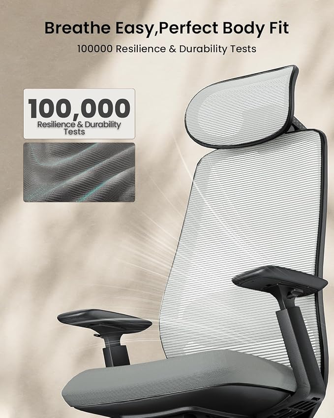 ProtoArc EC200 Ergonomic Office Chair, High-Back Mesh with Lumbar Support & Adjustable Seat Depth – Home Office Ergo Desk Chair Long-Hours Sitting for Remote Workers, Programmers - Grey
