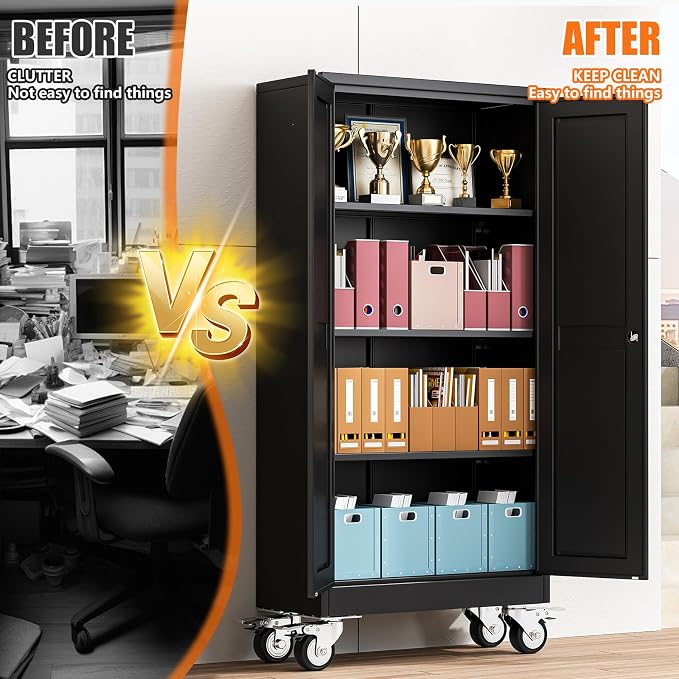 pozdeg 61" Metal Garage Storage Cabinets with Wheels, Lockable Rolling File Cabinets with 2 Doors and 3 Adjustable Shelves, Steel Tool Organizer Locker for Office Home Garage Gym School, Black