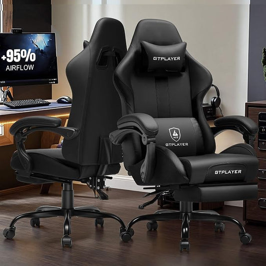 GTPLAYER Gaming Chair with Pocket Spring Cushion, Leather Office Chair with Ergonomic High Back & Lumbar Support for Back Pain Relief, Computer Game Chair for Adults, Black