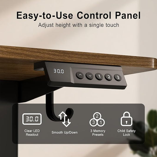 Height Adjustable Electric Desk, 55x24 Inches Stand up Desk with 3 Memory Presets & Child Lock, Quiet Motor, T-Leg Steel Frame, for Computer Workstation or Server Desk, Brown