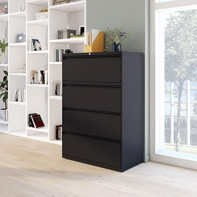 STAPLES Commercial 4-Drawer Lateral File Cabinet, Letter/Legal Size, Lockable, 52.36" H x 36" W x 18.62" D, Black (60925/17454)