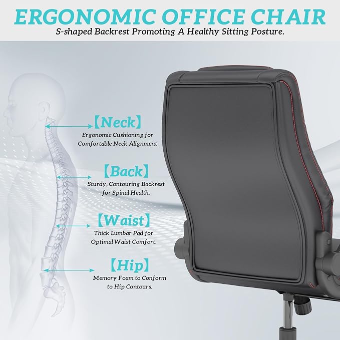 GYI High Back Executive Office Desk Chair, Leather Computer Chair, Black | 2.6"Rubber Wheels, Flip-up Arms, Heavy Duty Base, Thick Padded Seat, Lumbar Support, Home, Conference Rooms, Reception Areas