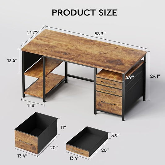 Maihail Maihail Home Office Desk with Drawers Adjustable Shelves, 59 inch Writing Desk with File Cabinet, Large Computer Desk with Storage, Vintage, Brown2
