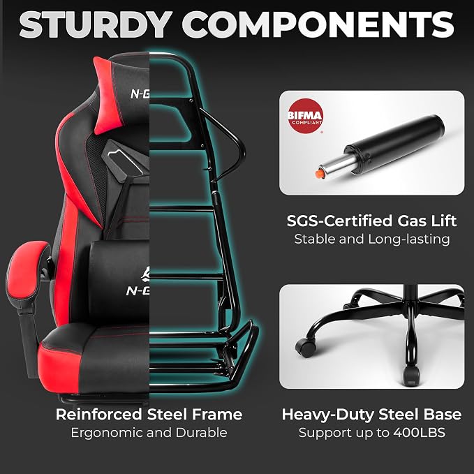 N-GEN GAMING Gaming Chair Big and Tall Computer Heavy Duty Office Desk Chair with Footrest Ergonomic Lumbar Support High Back Recliner for Adults (Red)