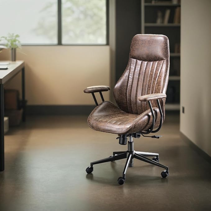 High Back Home Office Chair, Mid Century Vintage Executive Chair,Comfy Ergonomic Rolling Office Task Chair with Lumbar Support,Brown Faux Leather Office Chair,Dark Brown
