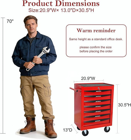 RYH 7 Drawers Rolling Tool Chest - Heavy Duty Mobile Tool Cart with Locking Wheels & Ball Bearing Drawers,30.5" H x 20.9" W x 13" D Garage Tool Storage Cabinet (Red, 7 Drawers)