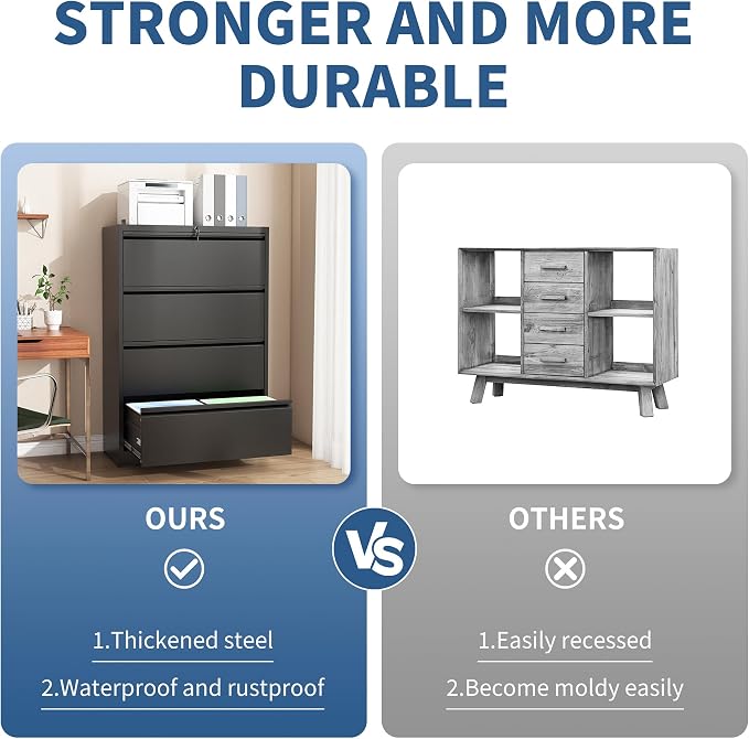 4 Drawer File Cabinet with Lock, Black Metal Lateral Filing Cabinets for Home Office, Heavy Duty Steel Horizontal Locking Storage Cabinet for Legal/Letter/A4 Size File, Assembly Required