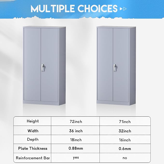 Greenvelly Metal Storage Cabinet with Doors, 72" Lockable Steel Garage Storage Cabinet with Shelves, Dark Grey 36" W x 18" D