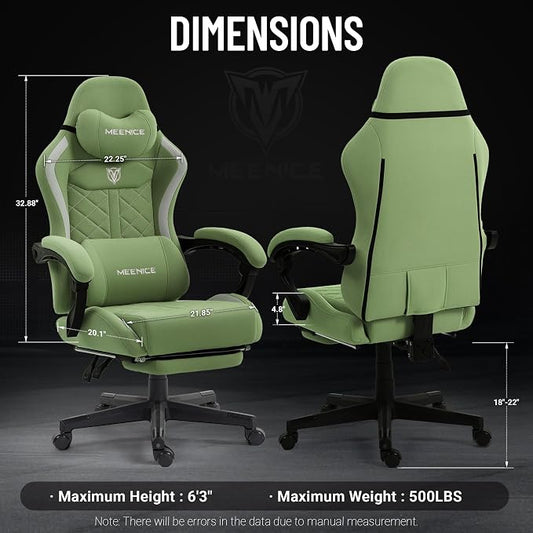 Big and Tall Gaming Chair Fabric with Pocket Spring Cushion, High Back Heavy Duty Gaming Chairs for Adults with Massage Lumbar, Ergonomic Computer Chair with Footrest 400LBS Fabric Green