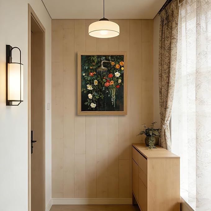 CXQILVER Vintage Framed Floral Bathroom Wall Art Canvas, Green Botanical Flowers Shower Wall Decor, Rustic Farmhouse Bathroom Decor Aesthetic Picture Artwork for Bedroom Living Room Guest Bath 12x16in